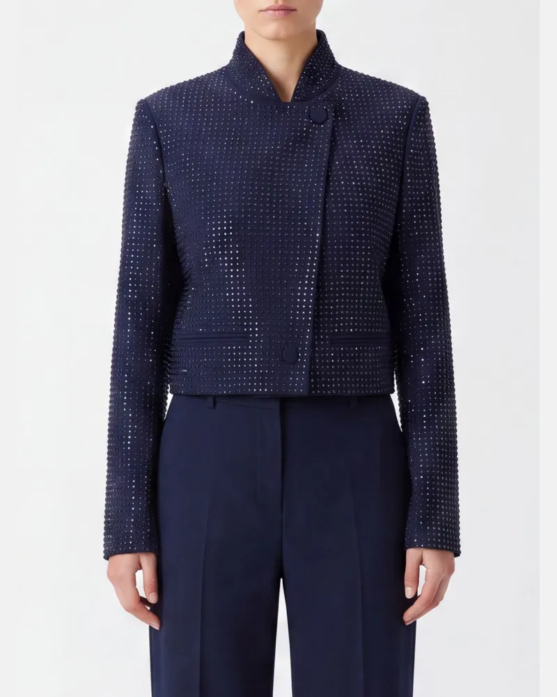 Pinko Kurze einreihige Jacke aus Viskose mit Kristallstickerei Blau