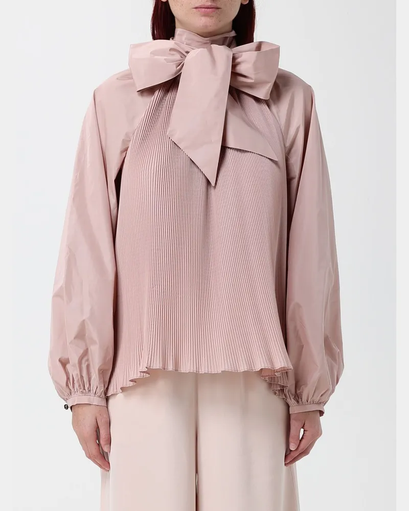 Max Mara Plissierte Seidenmischbluse von mit Schalkragen und langen Ärmeln Beige