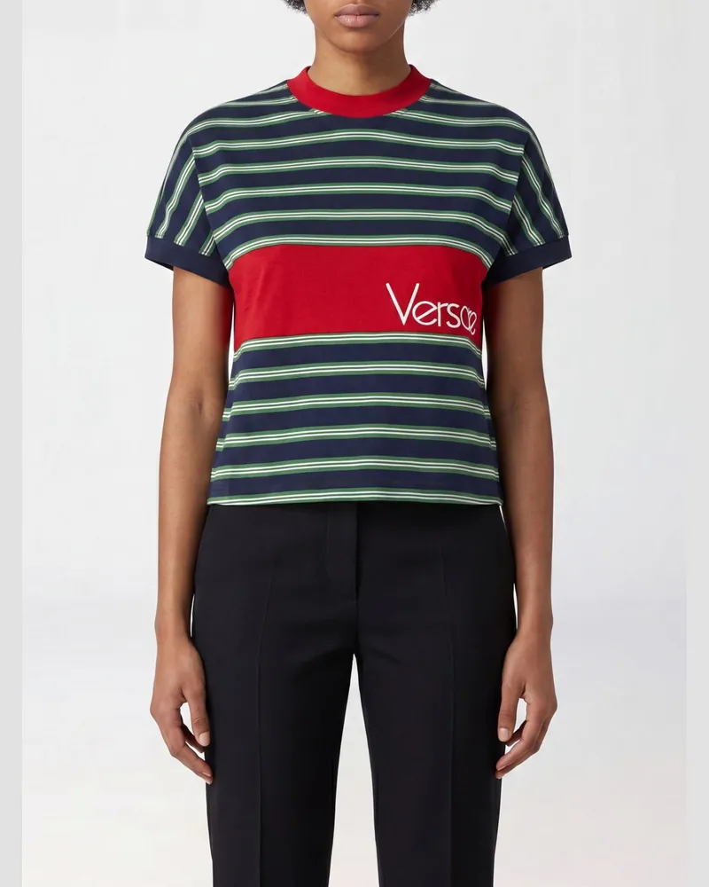 Versace Slim-Fit-T-Shirt aus gestreifter Baumwolle mit Rundhalsausschnitt Grün