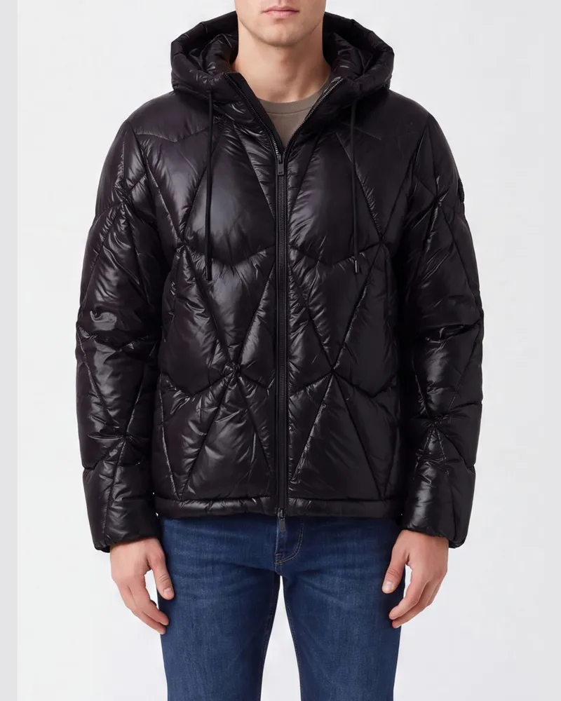 Moose Knuckles Kurze Daunenjacke aus gestepptem Nylon mit Kapuze und Logo-Patch Schwarz