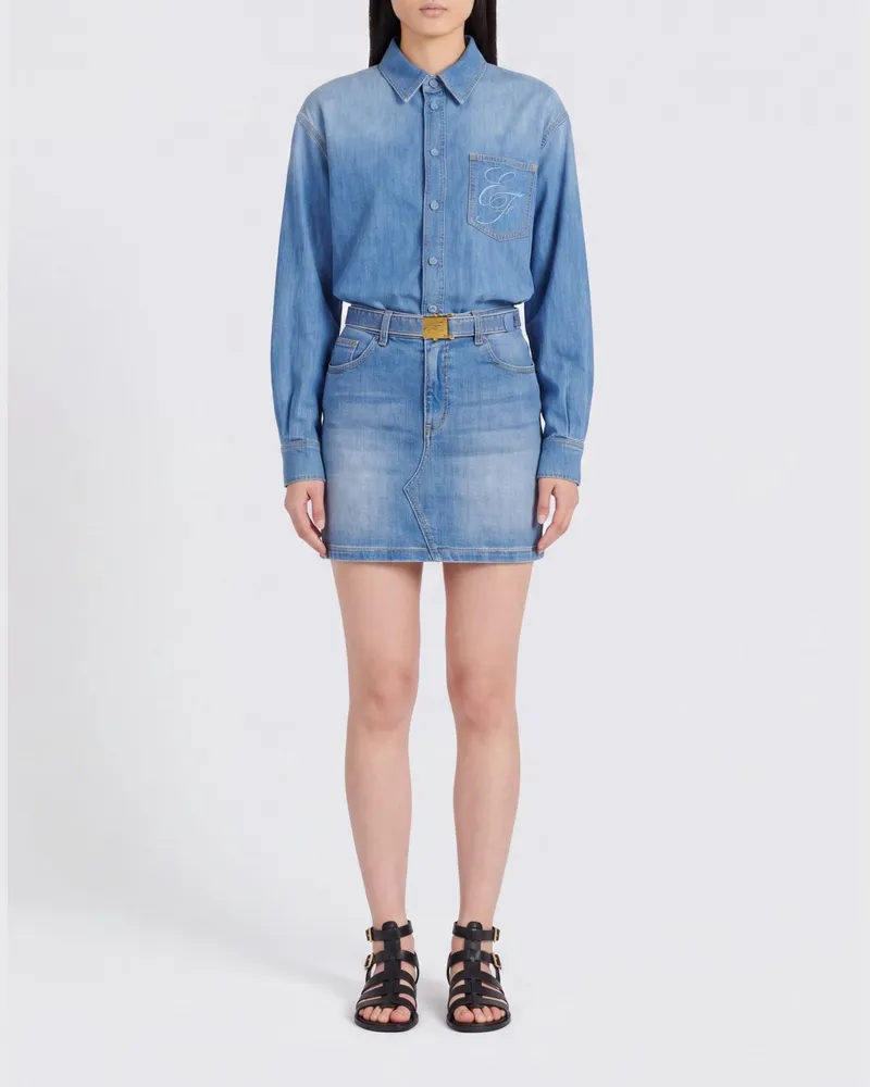 Elisabetta Franchi Mini-Hemdblusenkleid aus Stretch-Denim mit gesticktem Logo Blau