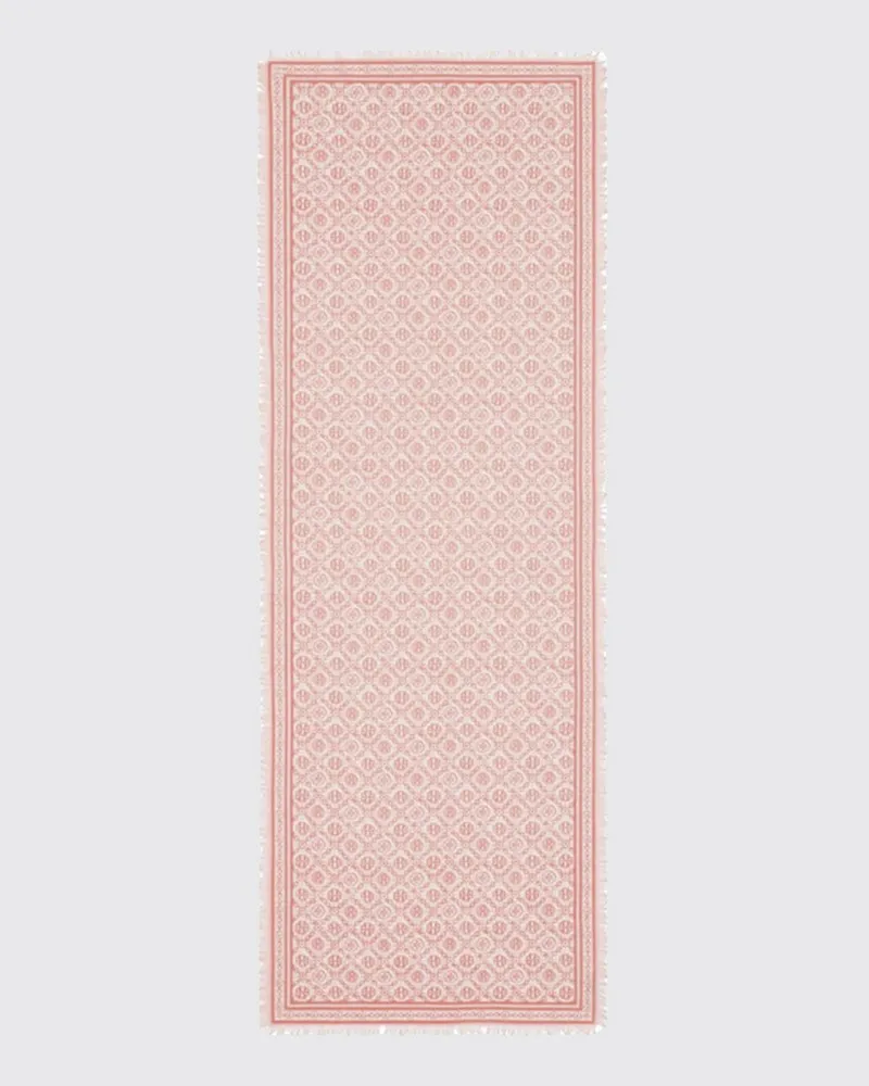 Tory Burch Monogramm-Schal aus Woll-Seiden-Mischung mit Fransenrändern Pink