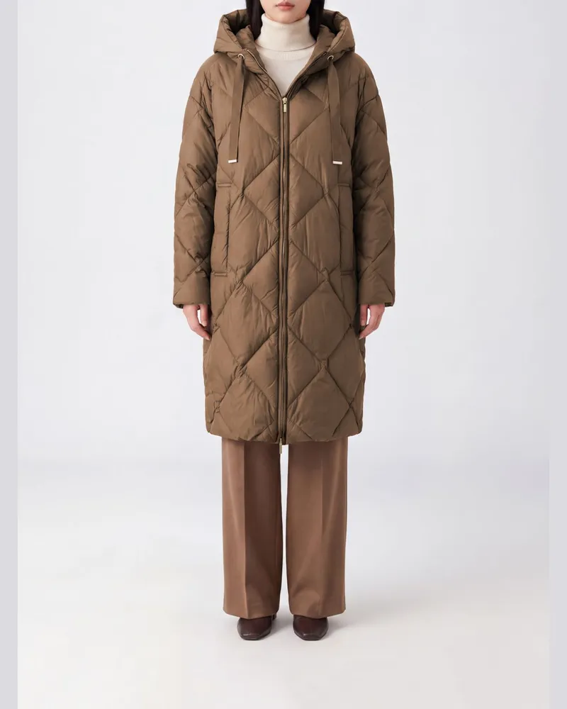 Max Mara Lange Daunenjacke aus gestepptem Nylon mit Kapuze Camel