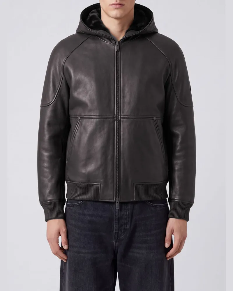 Moose Knuckles Lederjacke mit Kapuze und Kängurutasche von Schwarz