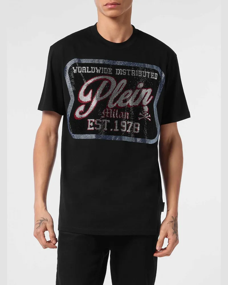 Philipp Plein Kurzärmeliges Baumwoll-T-Shirt mit kontrastierendem Logo-Print Schwarz