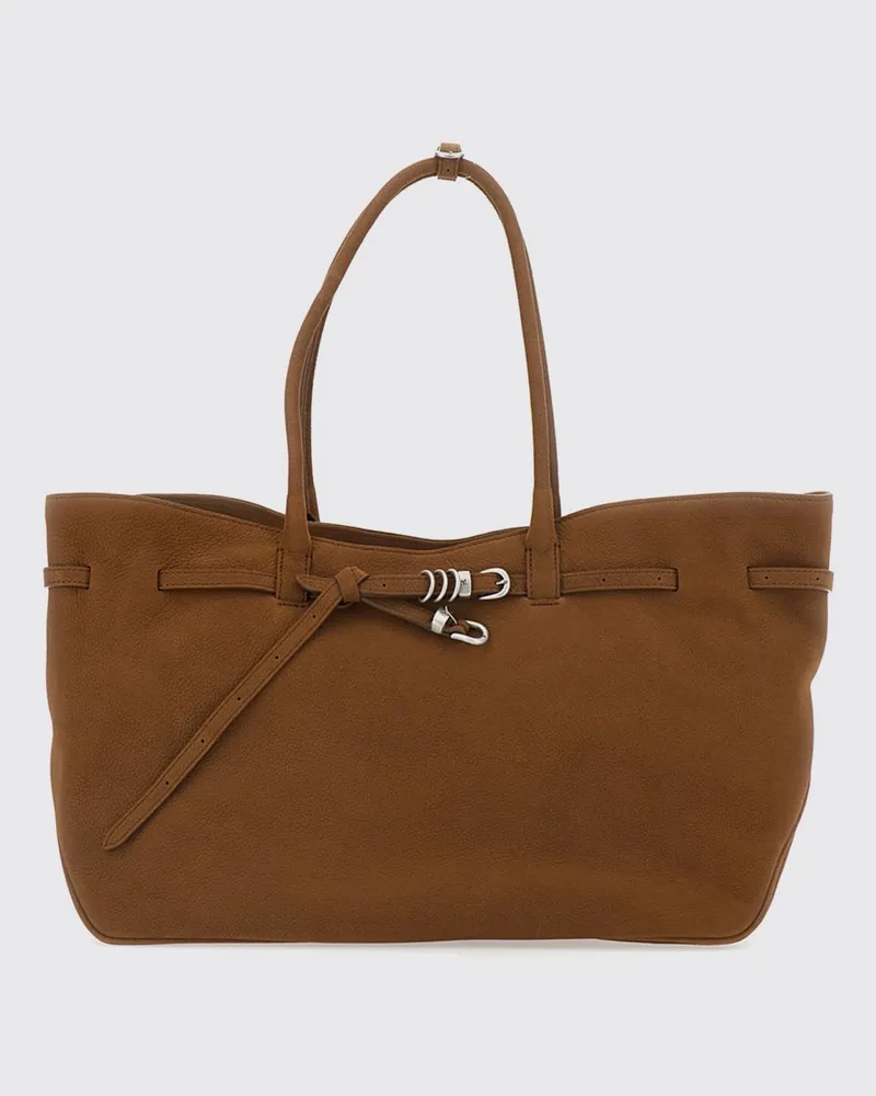 Marge Sherwood Große Grandma Tote Bag aus genarbtem Leder mit doppelten Henkeln Braun