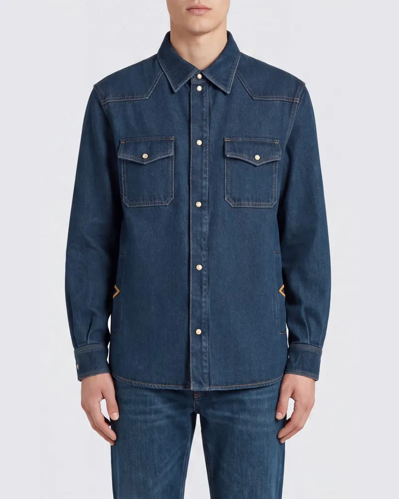 Valentino Garavani Slim Fit Baumwoll-Denim-Hemd mit Metalllogo Blau
