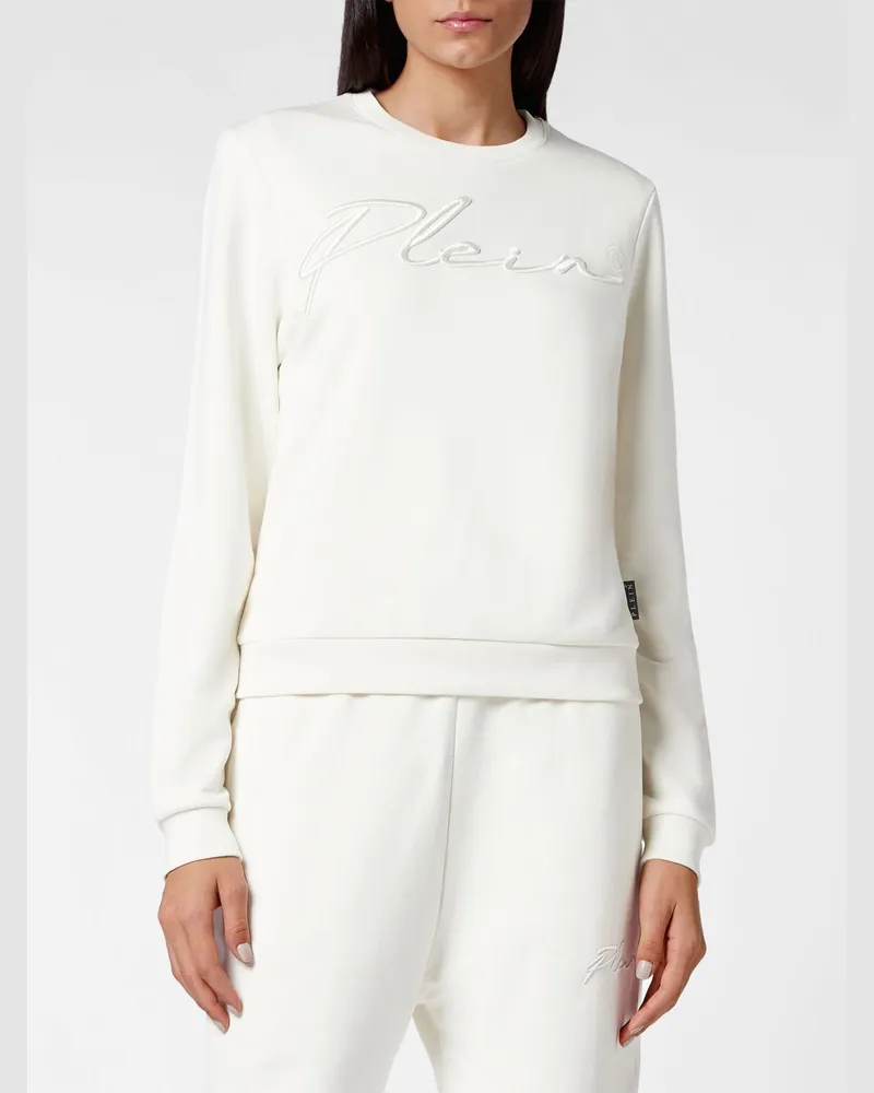 Philipp Plein Jersey-Sweatshirt mit Rundhalsausschnitt und Ton-in-Ton-Logostickerei Ivory