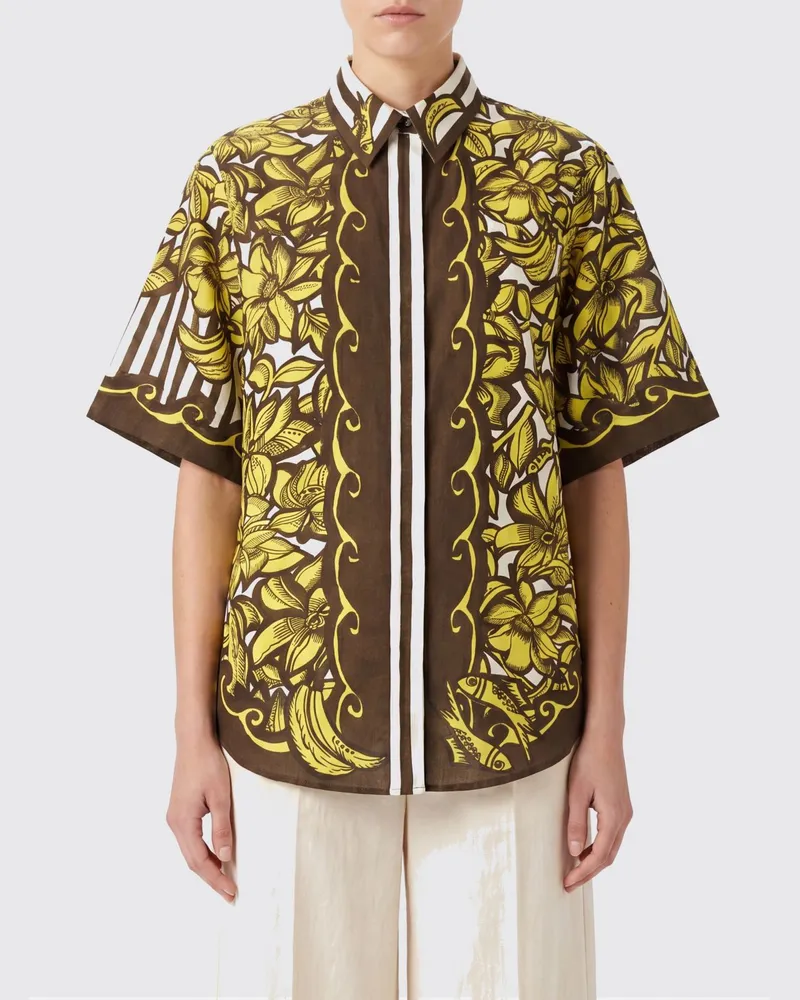 ALEMAIS Kurzärmeliges Hanfhemd von mit Blumenprint und Logo Gelb