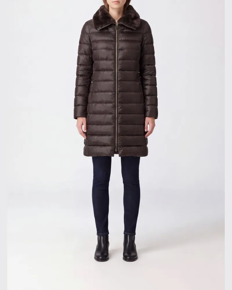 Herno Langer Stepp-Daunenmantel aus Nylon mit Fuchspelzkragen Braun