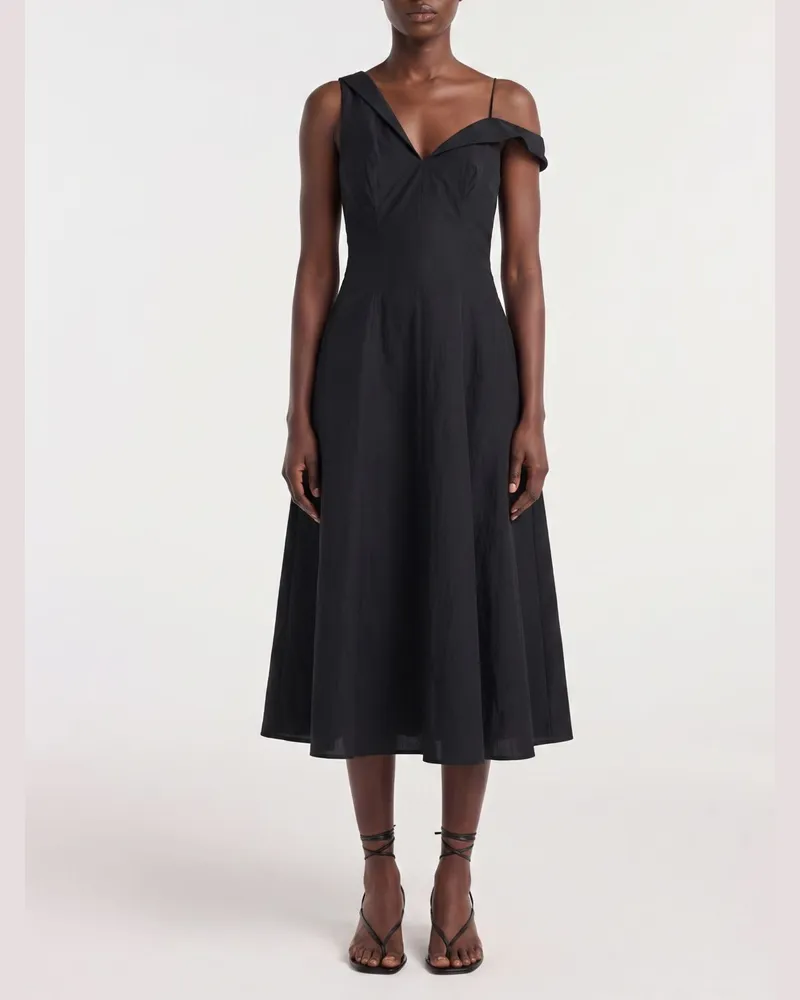 Róhe Midi-Festkleid aus Baumwollmischung mit asymmetrischem Ausschnitt Schwarz