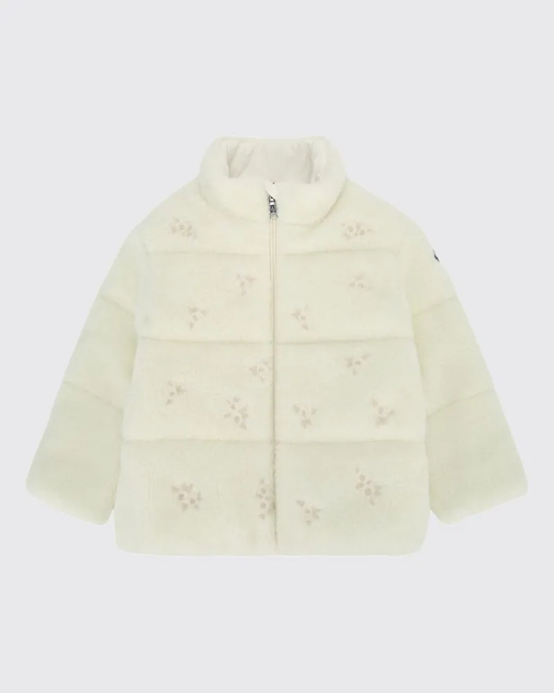 Moncler Mädchenmantel aus geblümtem Webpelz mit Daunenwattierung Cream
