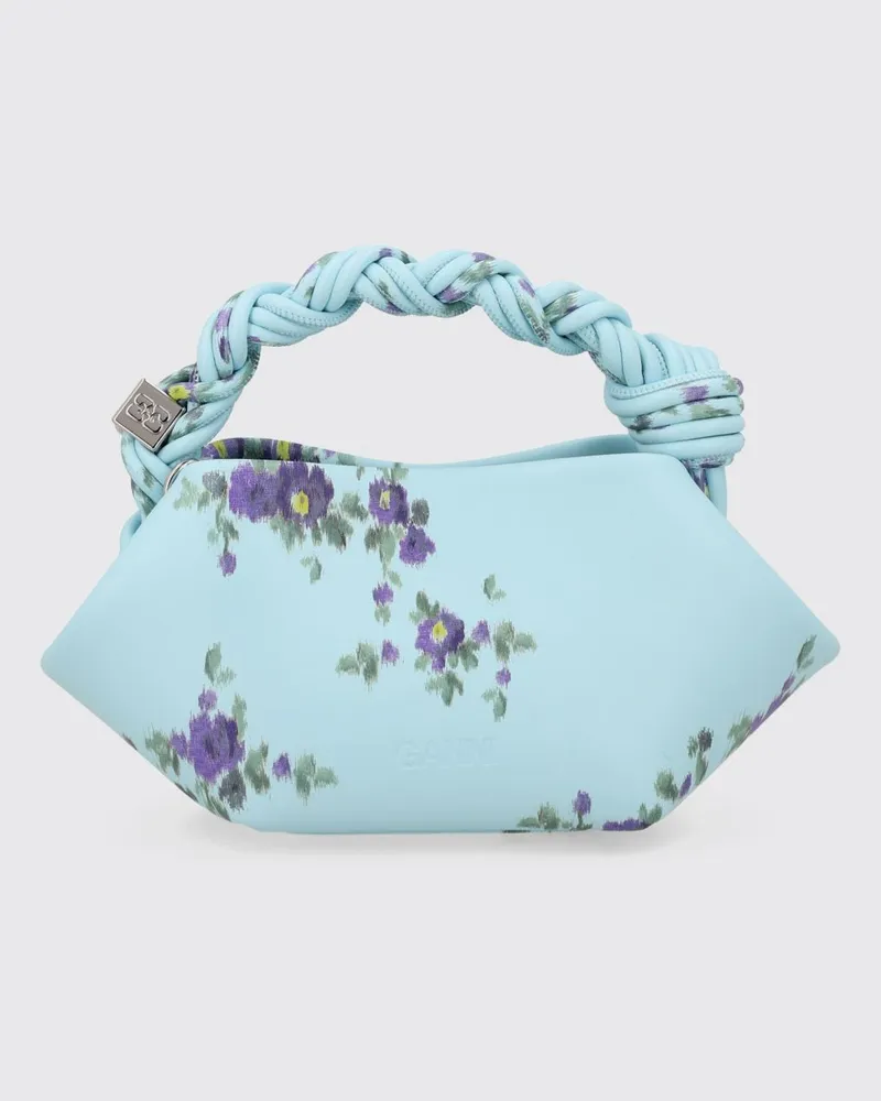 Ganni Bou Handtasche aus recyceltem Leder mit Blumenmuster und geflochtenem Griff Hellblau