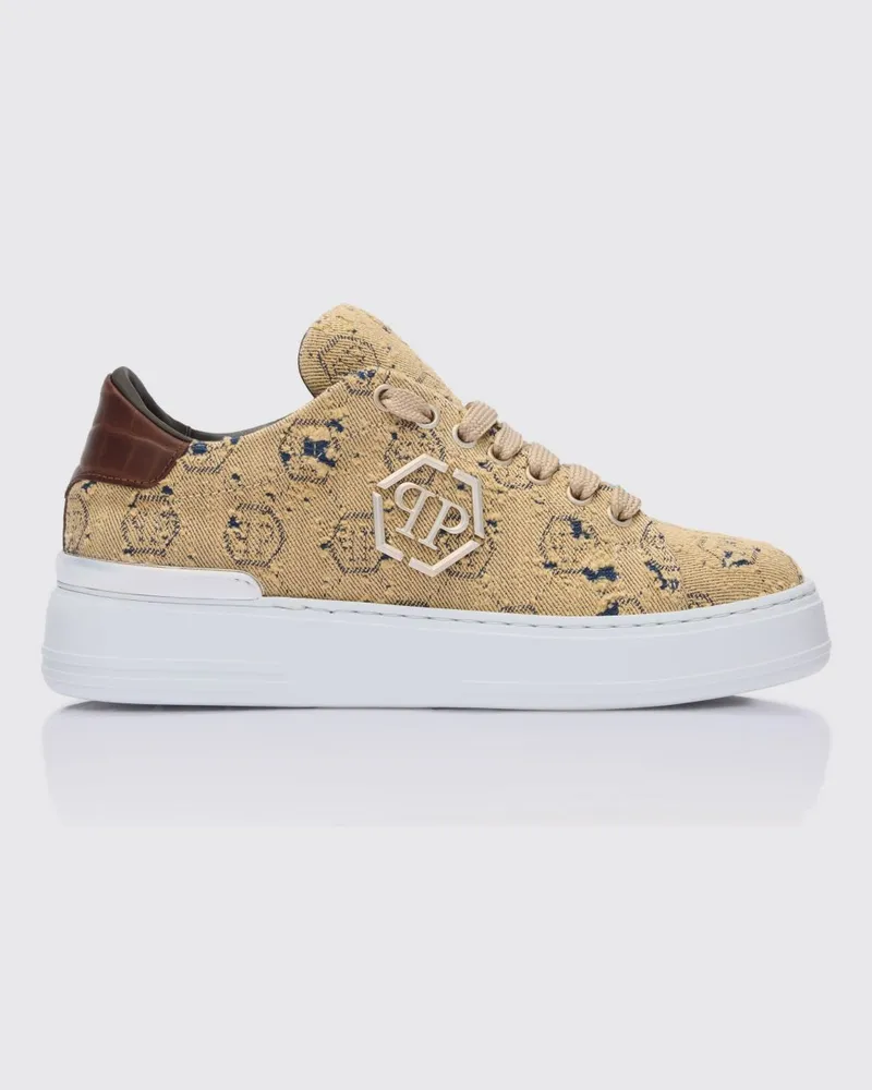 Philipp Plein Sneakers aus gebleichtem Denim mit Hexagon-Jacquard Braun