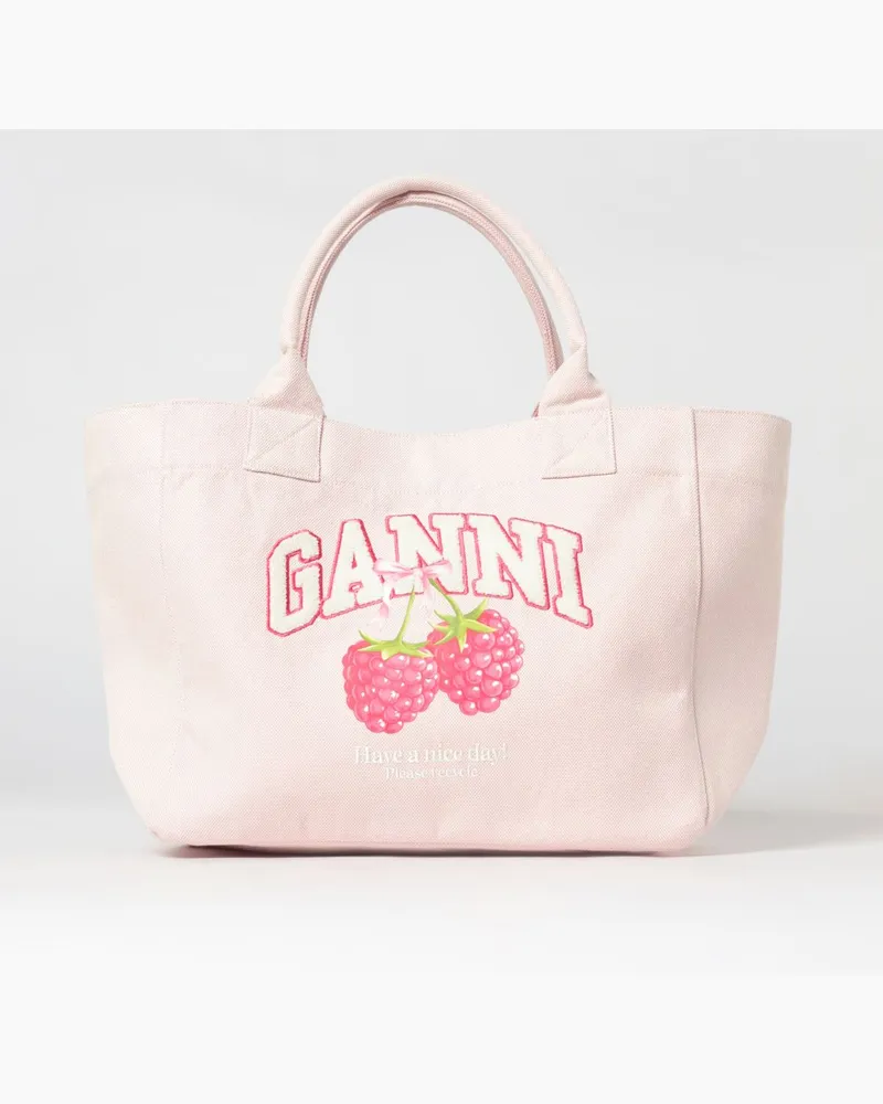 Ganni Große Tote-Bag aus recyceltem Baumwoll-Canvas mit Logo-Print Pink