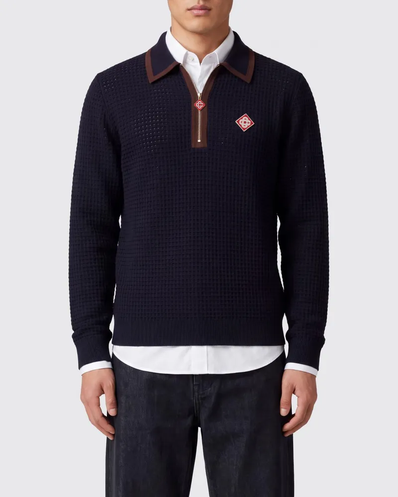 Casablanca Paris Langärmeliges Poloshirt aus reiner Wolle mit Reißverschluss und Logo Blau