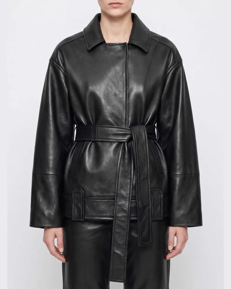 KHAITE Kurze Lederjacke im Morgenmantel-Stil aus Lammleder mit Gürtel Schwarz