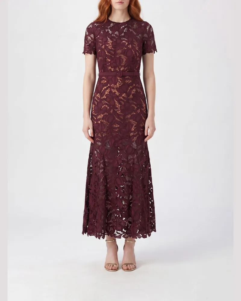 Self-Portrait A-Linien-Spitzen-Minikleid mit kurzen Ärmeln und Gürtel Rot