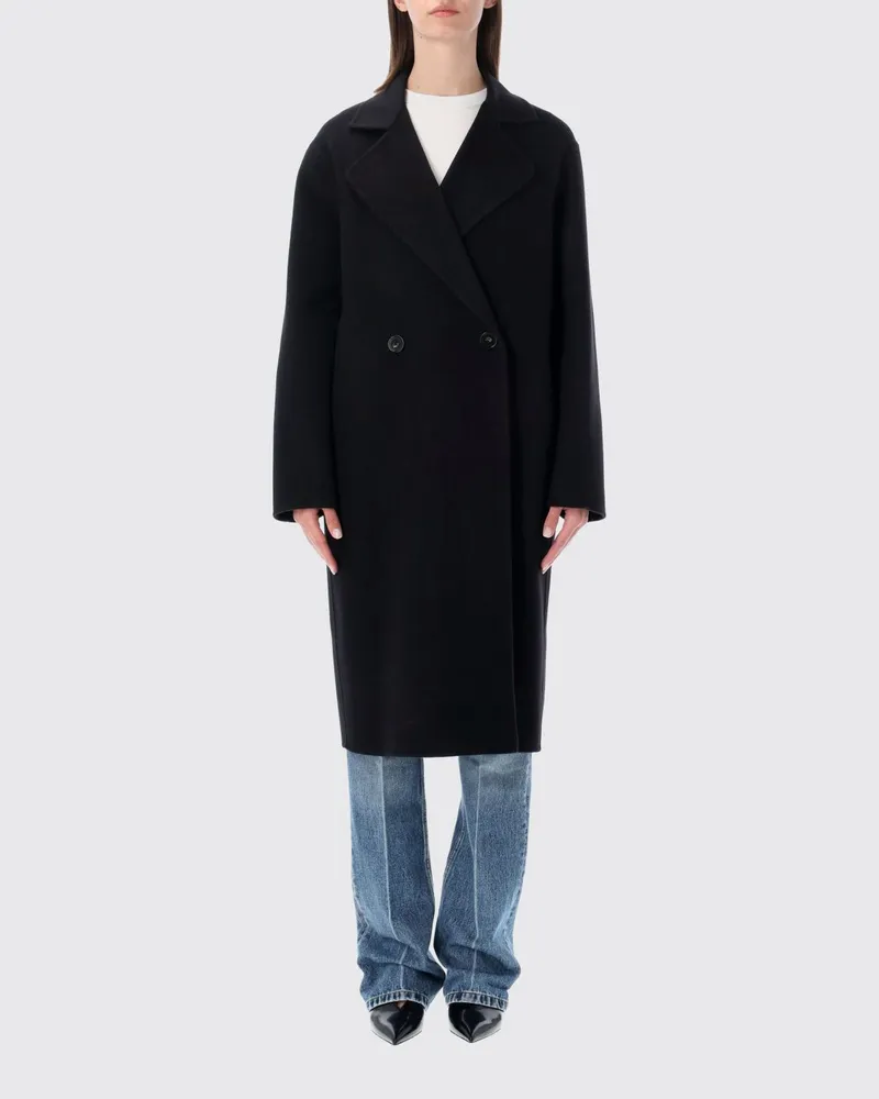 Stella McCartney Langer zweireihiger Mantel aus reiner Wolle mit Revers Schwarz