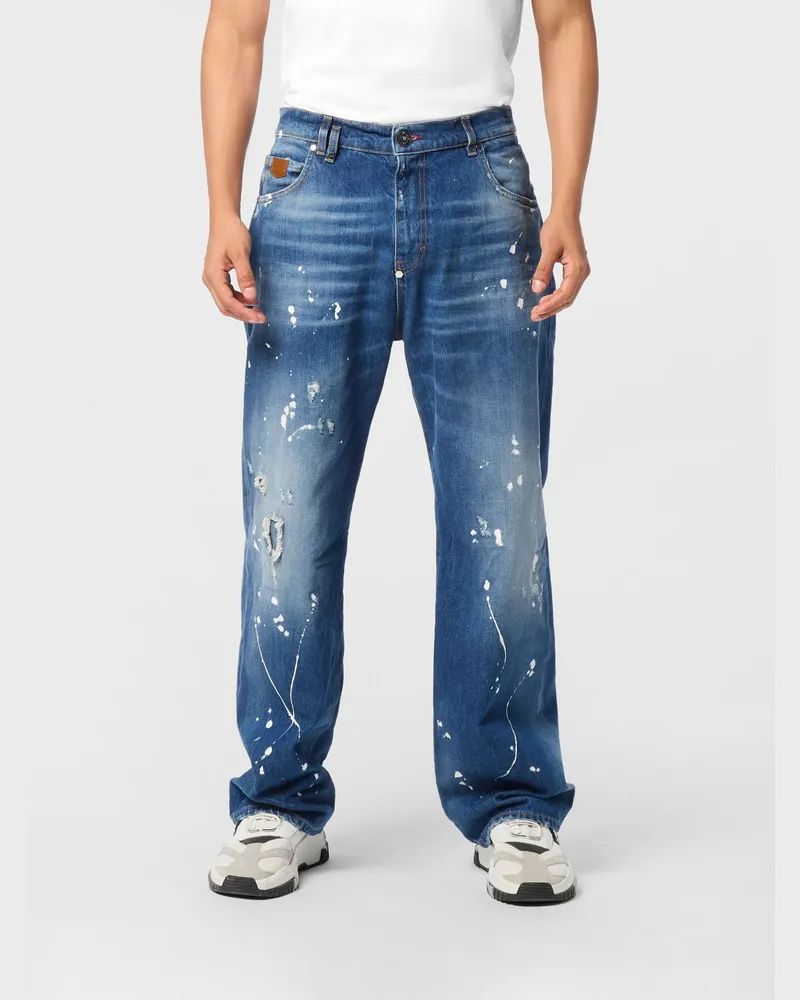 Philipp Plein Wide-Leg-Jeans aus Stretch-Denim mit Used-Effekt und Logo hinten Denim