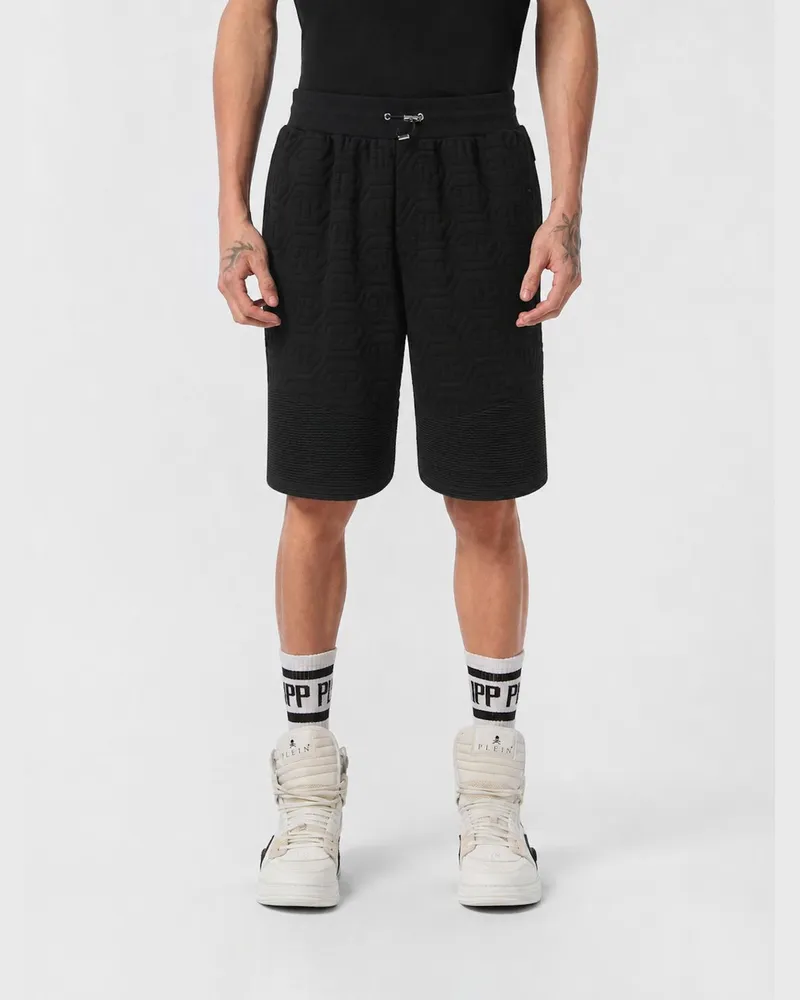 Philipp Plein Knielange Jersey-Jogging-Shorts mit Kordelzug und Hexagon-Logo Schwarz