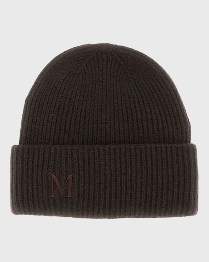 Max Mara Gerippte Woll-Beanie mit Jacquard-Logo und Umschlag Braun