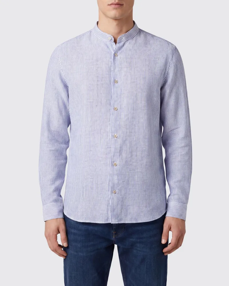 Boglioli Gestreiftes Leinenhemd in Slim Fit von mit Stehkragen Navy
