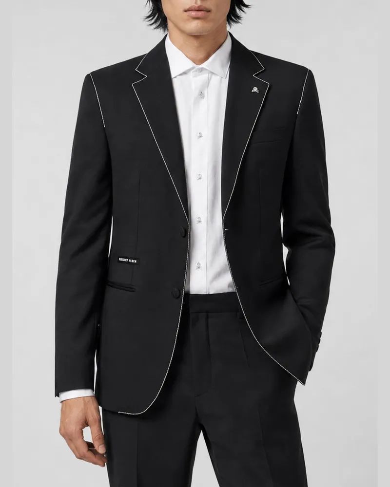 Philipp Plein Einreihiger Blazer aus Schurwolle mit Kontrastpaspelierung Schwarz