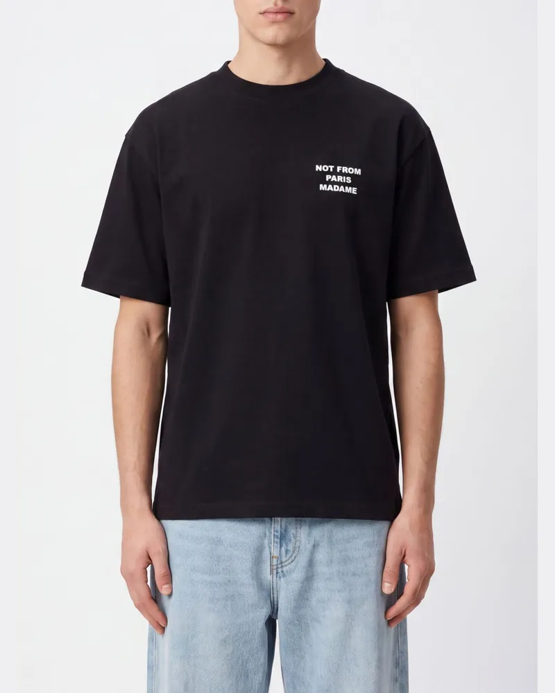 Drôle de Monsieur Baumwoll-T-Shirt mit Logo-Print und überschnittenen Schultern Schwarz