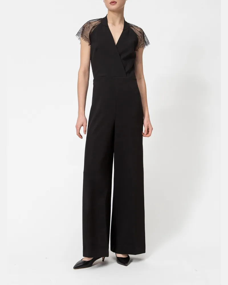 Twin-Set Eleganter Jumpsuit aus Viskosemischung mit V-Ausschnitt und Spitzeneinsätzen Schwarz