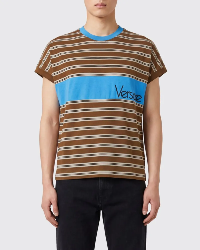 Versace Gestreiftes Baumwoll-T-Shirt mit Rundhalsausschnitt und Kontrastbesätzen Haselnuss