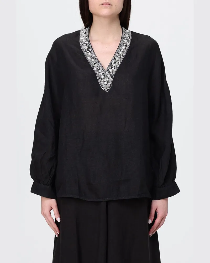 120% Lino Leinenbluse mit Perlen Schwarz