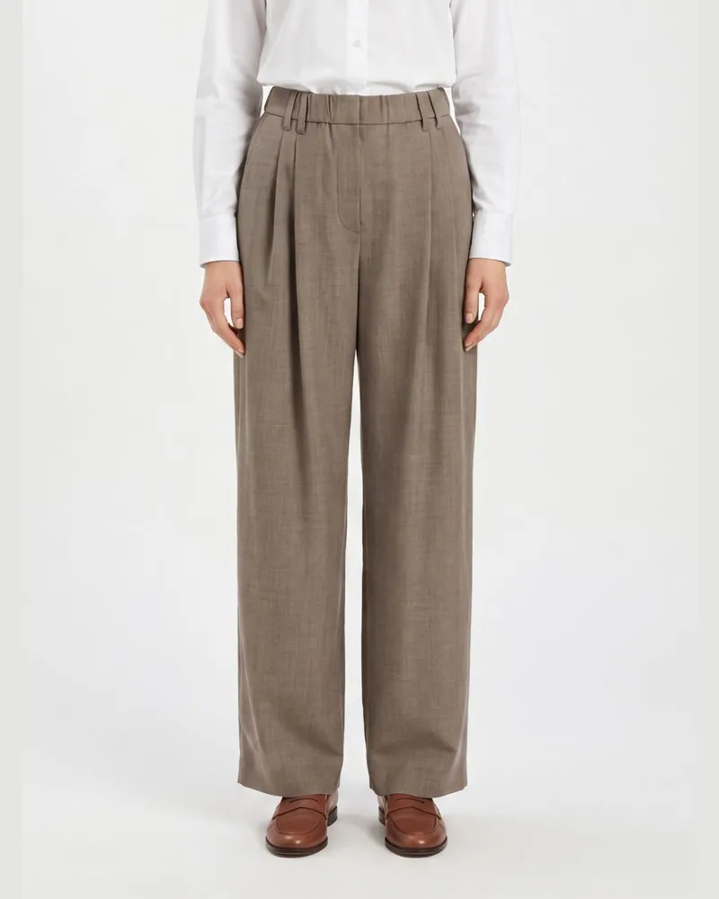 Brunello Cucinelli Wide Leg Hose aus Schurwolle mit hoher Taille und Monili-Detail Weiß