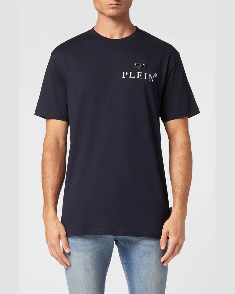 Philipp Plein Rundhals-T-Shirt aus reiner Baumwolle mit kontrastierendem Brustlogo Blau