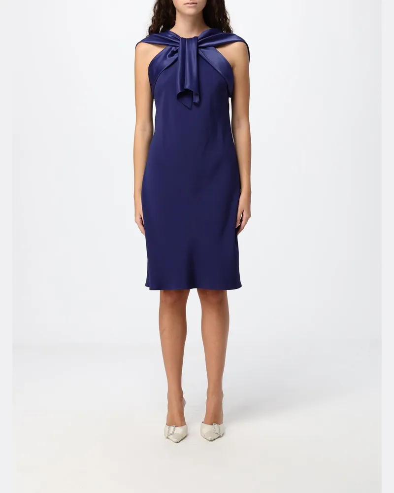 Alberta Ferretti Schulterfreies Midi-Etuikleid aus Satin mit U-Boot-Ausschnitt Blau