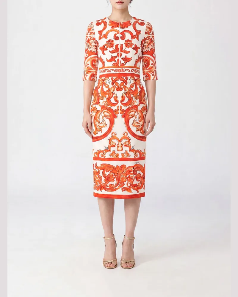 Dolce & Gabbana DOLCE  GABBANA Midi-Etuikleid Dolce & Gabbana aus Seide mit Majolika-Print und kurzen Ärmeln Bunt