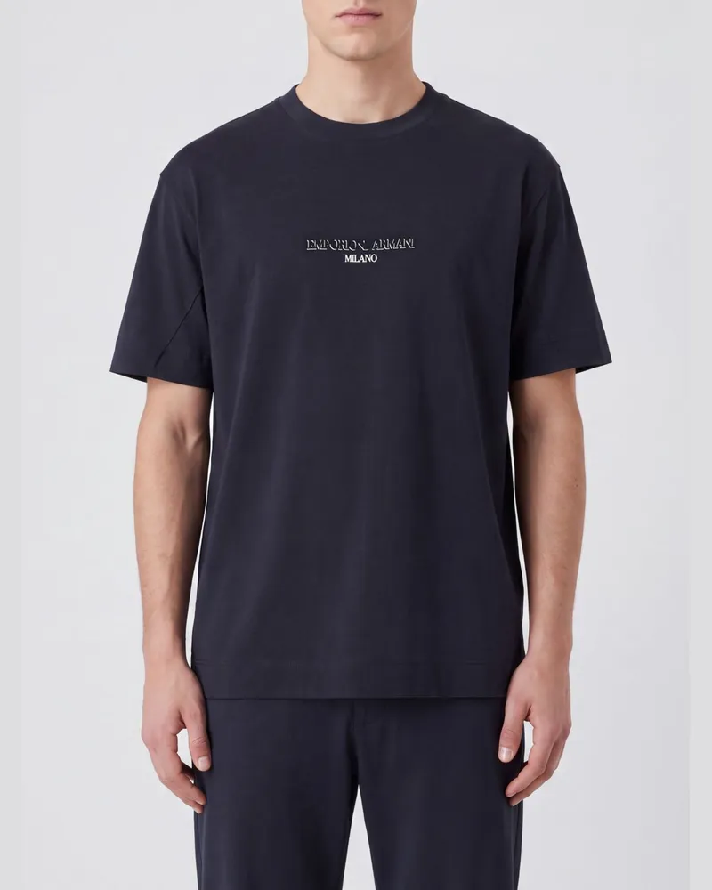 Emporio Armani Logo-T-Shirt aus Lyocell und Baumwolle Blau