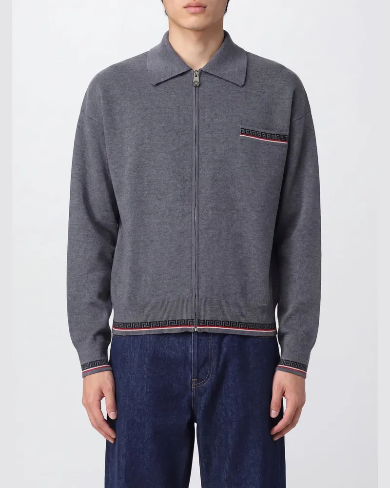 Versace Woll-Cardigan mit Greca-Muster und Reißverschluss Grau