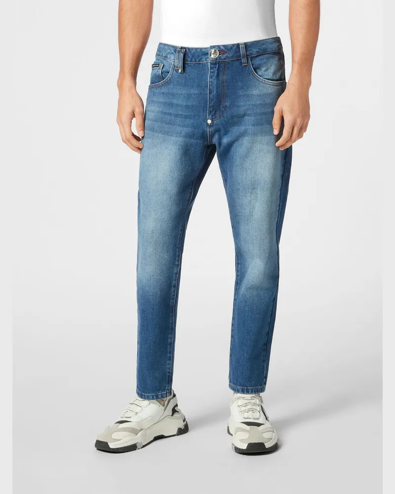 Philipp Plein Detroit Slim Fit Jeans aus Baumwoll-Denim mit mittlerer Leibhöhe Blau