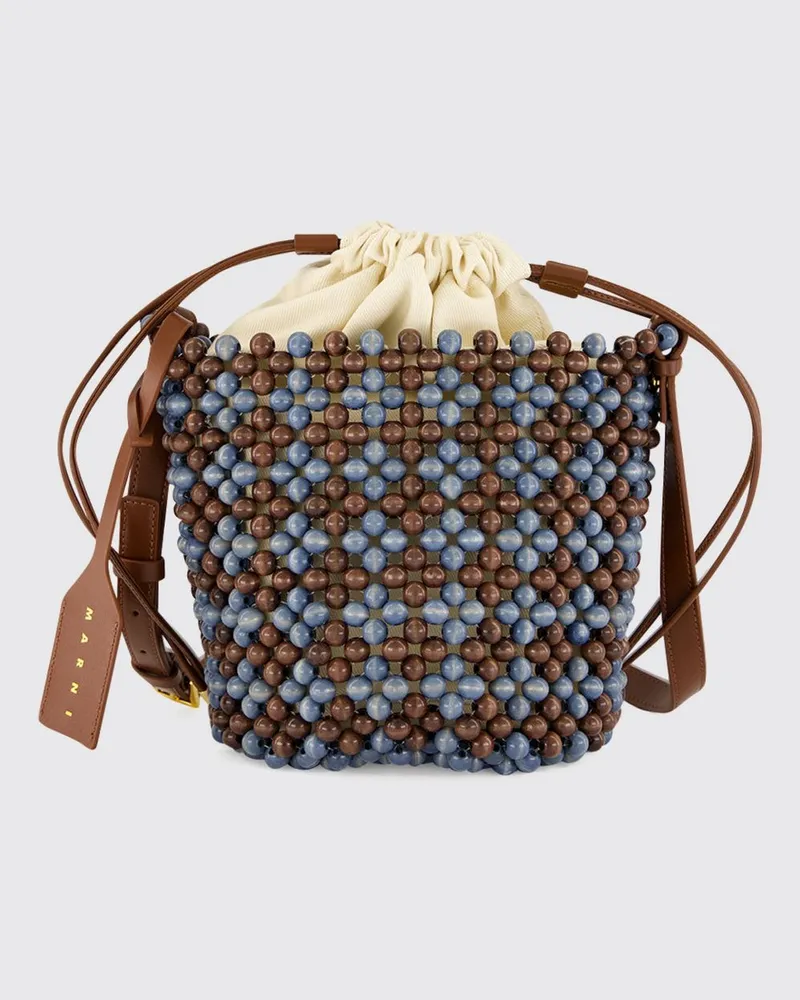 Marni Beuteltasche aus Holz mit abstrakter Stickerei und Kordelzug Blau