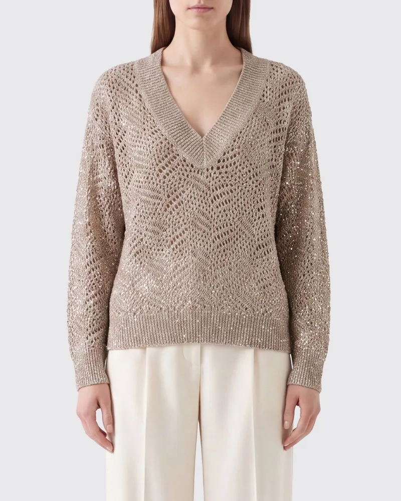 Brunello Cucinelli V-Ausschnitt-Pullover in Relaxed Fit aus 100% durchbrochenem Kaschmir Braun
