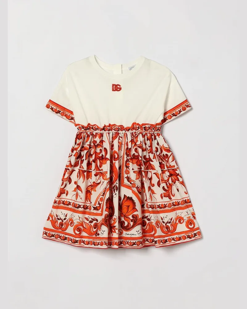 Dolce & Gabbana DOLCE  GABBANA Dolce & Gabbana Mädchen-Minikleid aus Baumwolle mit Majolika-Print und DG-Logo Rot