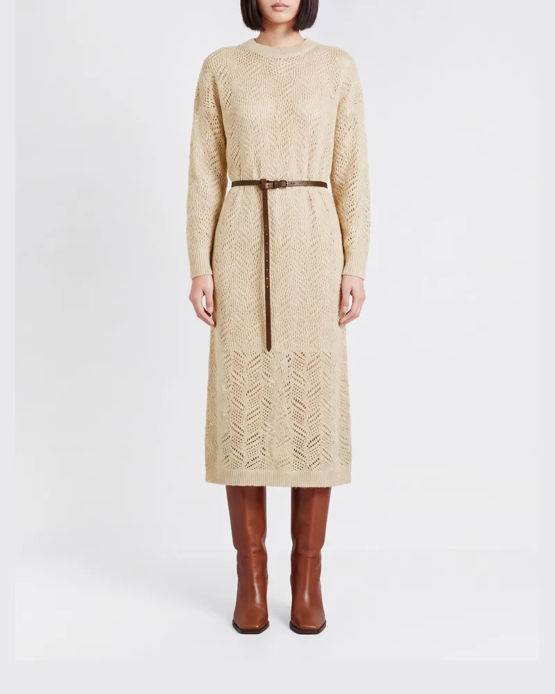 Brunello Cucinelli Midi-Strickkleid aus Wolle mit Paillettenstickerei Beige