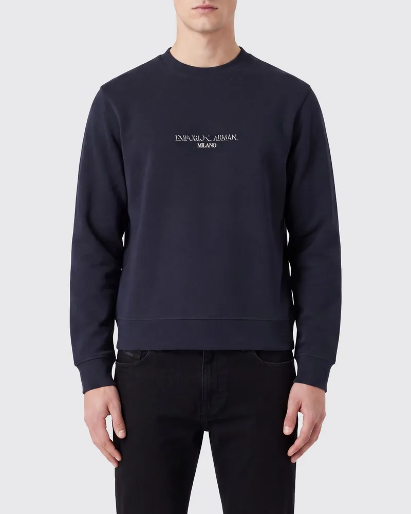 Emporio Armani Baumwoll-Sweatshirt mit Rundhalsausschnitt und gesticktem Kontrastlogo Blau