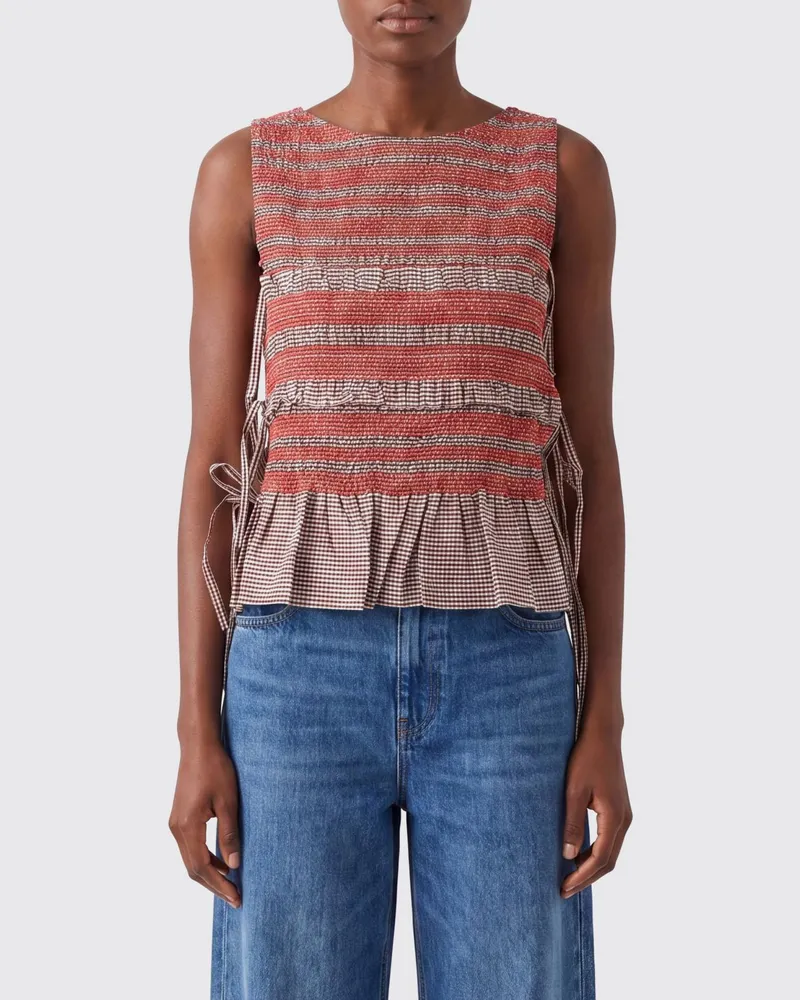 Ganni Gestreiftes Baumwoll-Top mit Bindebändern und Volants Kaffee