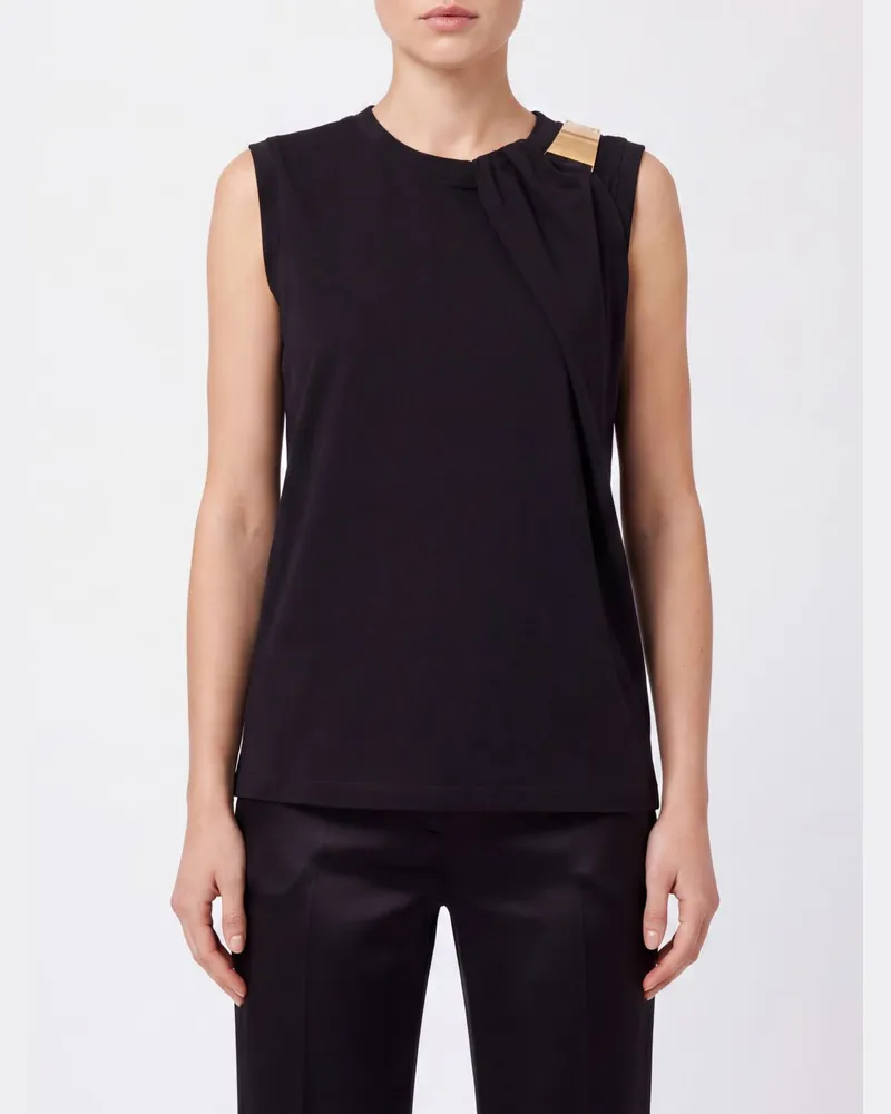 Elisabetta Franchi Ärmelloses drapiertes Baumwoll-Top mit Metall-Logo Schwarz
