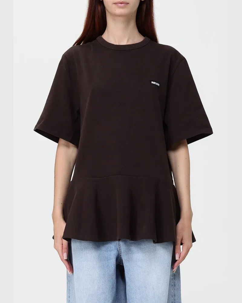 ROTATE Birger Christensen Relaxed-Fit T-Shirt aus Bio-Baumwolle mit Rüschen und Tropfenausschnitt Braun