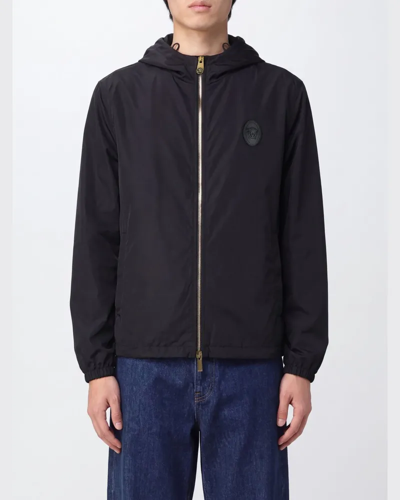 Versace Kurze Windjacke aus Seide und Baumwollmischung mit Kapuze Schwarz