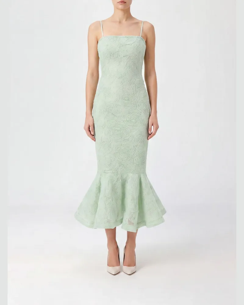 ROTATE Birger Christensen Midi-Cocktailkleid mit Blumenmuster und eckigem Ausschnitt Grün