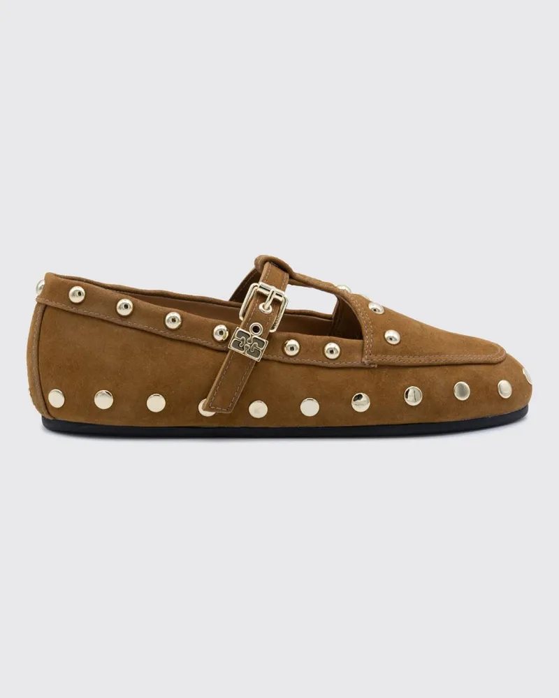 Ganni Mary Jane Loafers aus Veloursleder mit Nieten und Butterfly-Logo Kaffee